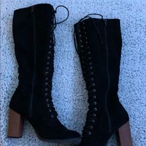 black knee high lace up boots